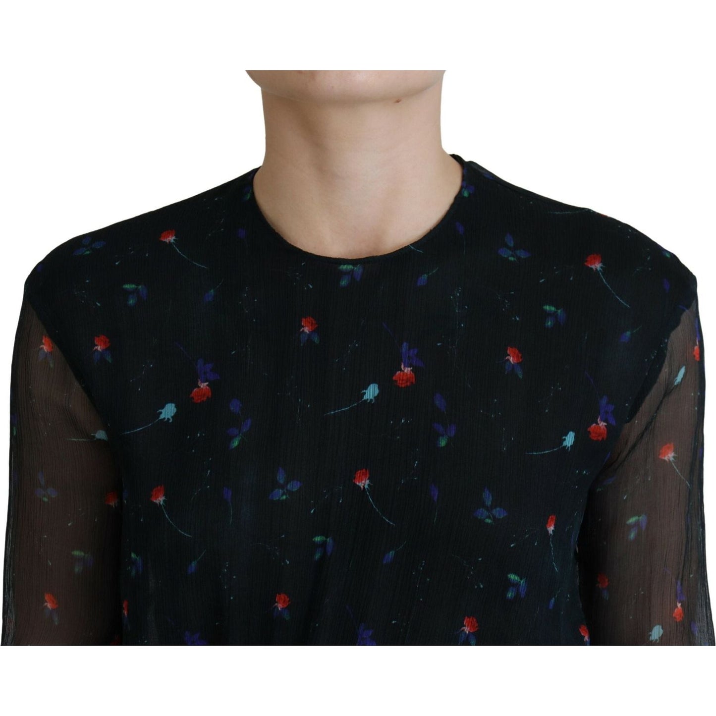 Dsquared² Black Floral Silk Long Sleeves Sheath Mini Dress DR28825-38