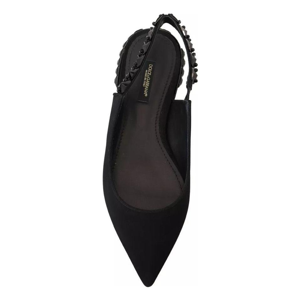 Dolce & Gabbana Black Flats Crystal Slingback Charmeuse Shoes LA10051-36