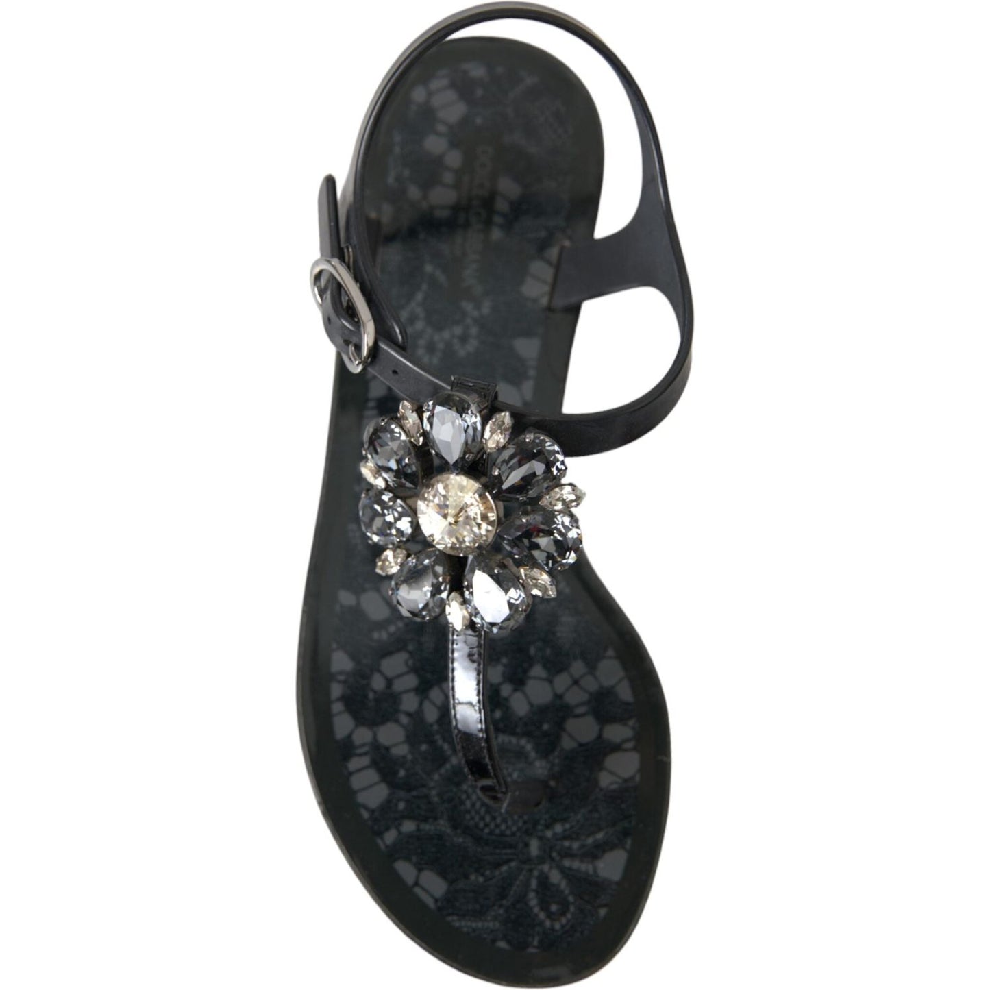 Dolce & Gabbana Black Crystal Flats Sandals Flip Flops Shoes LA10973-35