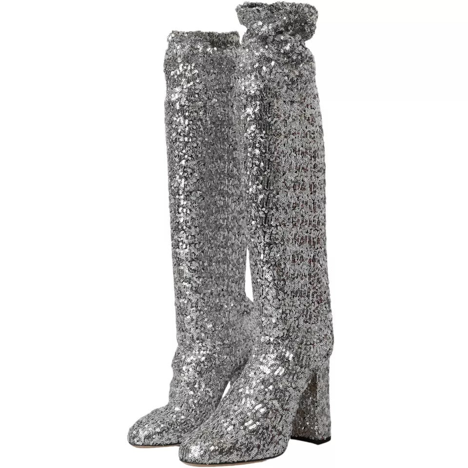 Dolce & Gabbana Silver Sequined High Boots Stretch Shoes LA10943-39