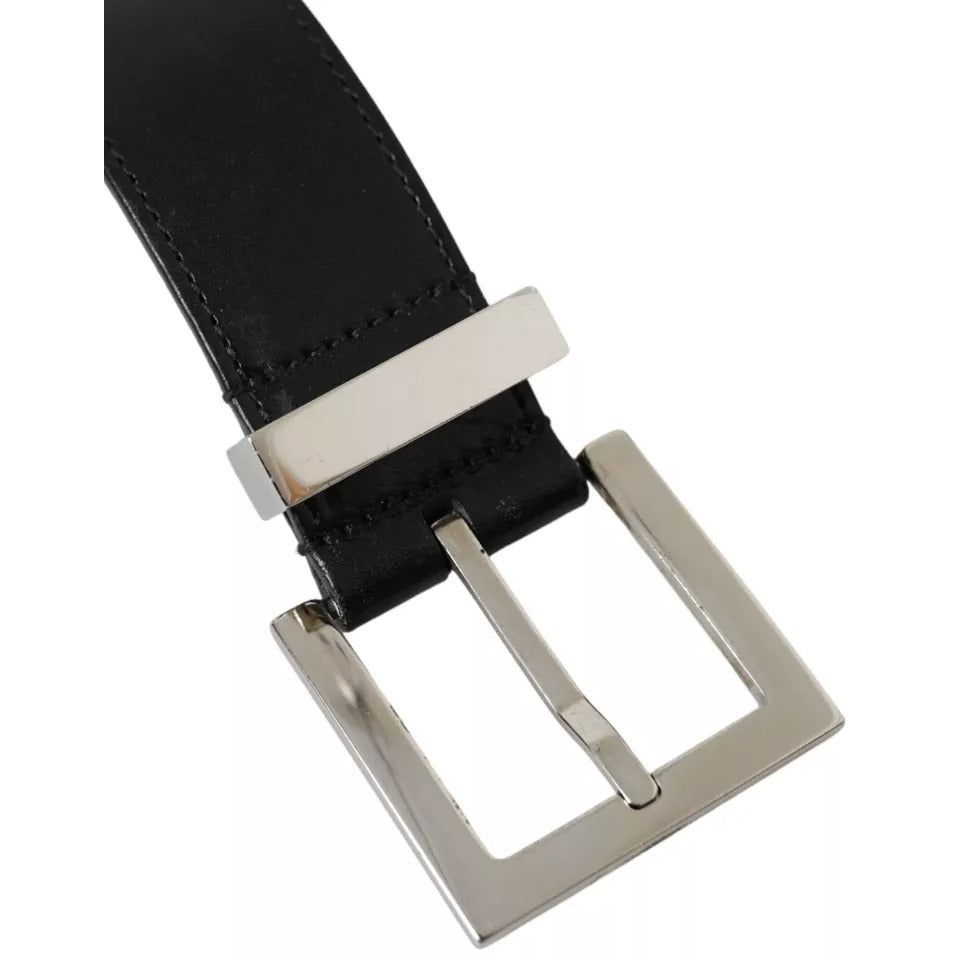 Dolce & Gabbana Black Leather Beige Strap Silver Metal Buckle Belt BEL9096-65