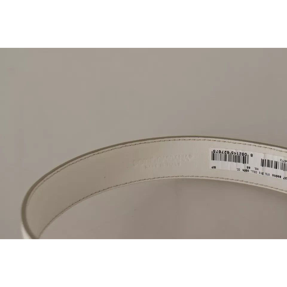 Dolce & Gabbana White Leather Gold Logo Engraved Metal Buckle Belt BEL8707-65