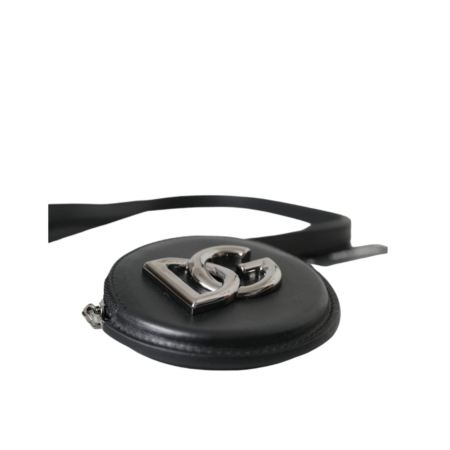 Dolce & Gabbana Black Round Leather DG Logo Coin Purse Lanyard Wallet SMY10334
