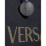 Versace Black Top Handle Canvas Leather Logo Crossbody Tote Bag