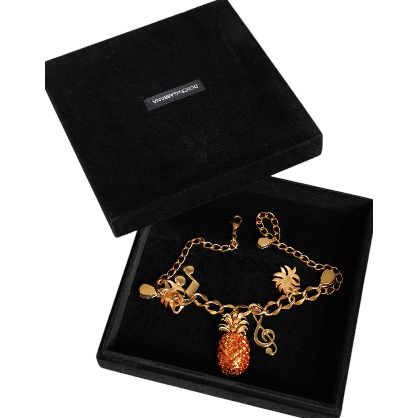 Dolce & Gabbana Gold Tone Brass Chain Pineapple Crystal Musical Necklace SMY10369