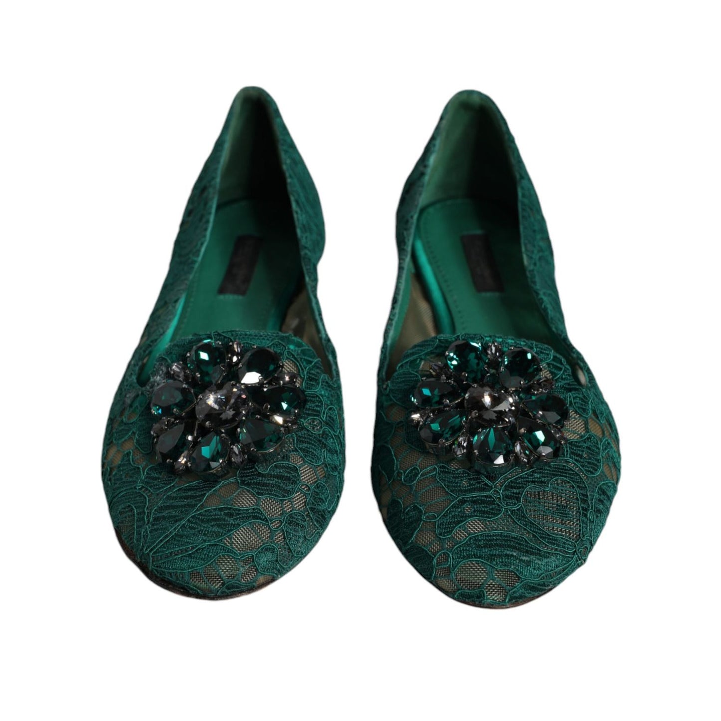 Dolce & Gabbana Green Lace Crystal Ballet Flats Loafers Shoes