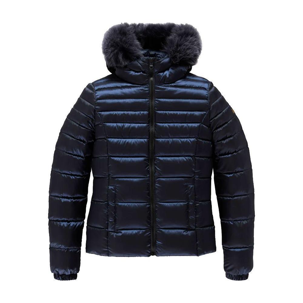 Refrigiwear Blue Nylon Women Jacket with Feather Padding and Fur Hood