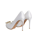 Dolce & Gabbana White Crystals Peep Toe Satin Pumps Shoes