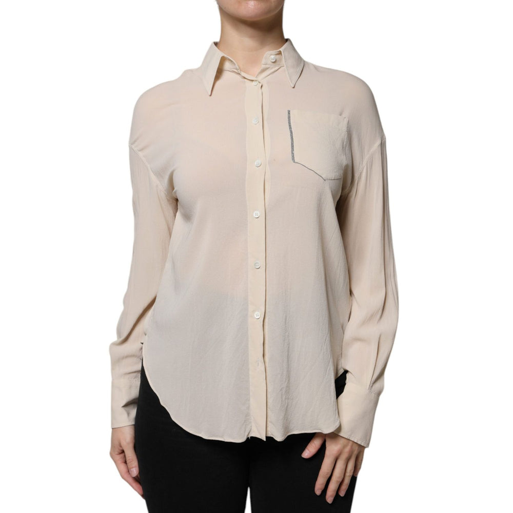Brunello Cucinelli Beige Silk Blend Collared Button Down Top TSH86743-38