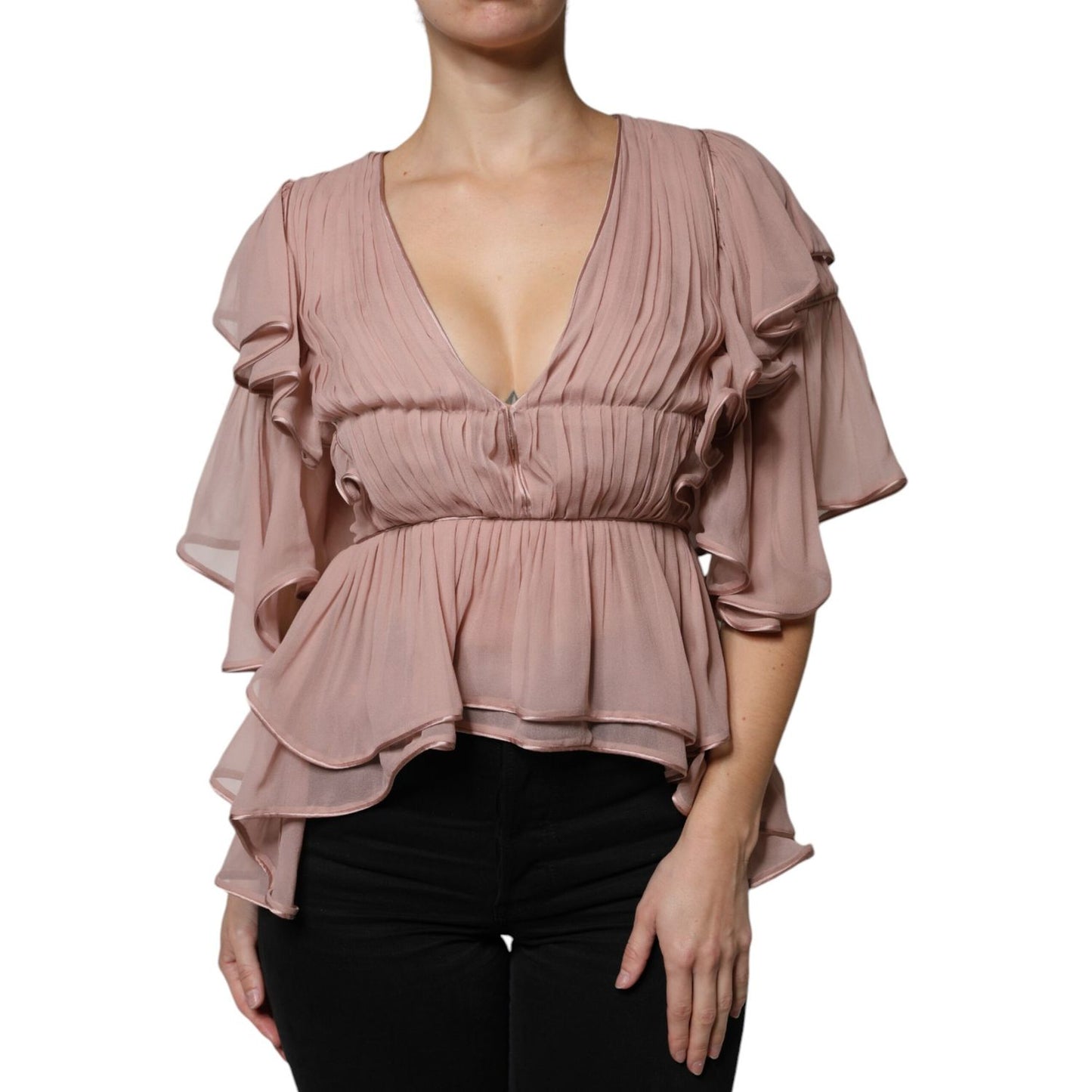 Alberta Ferretti Brown Silk Short Sleeves V-neck Pleated Top TSH86782-40