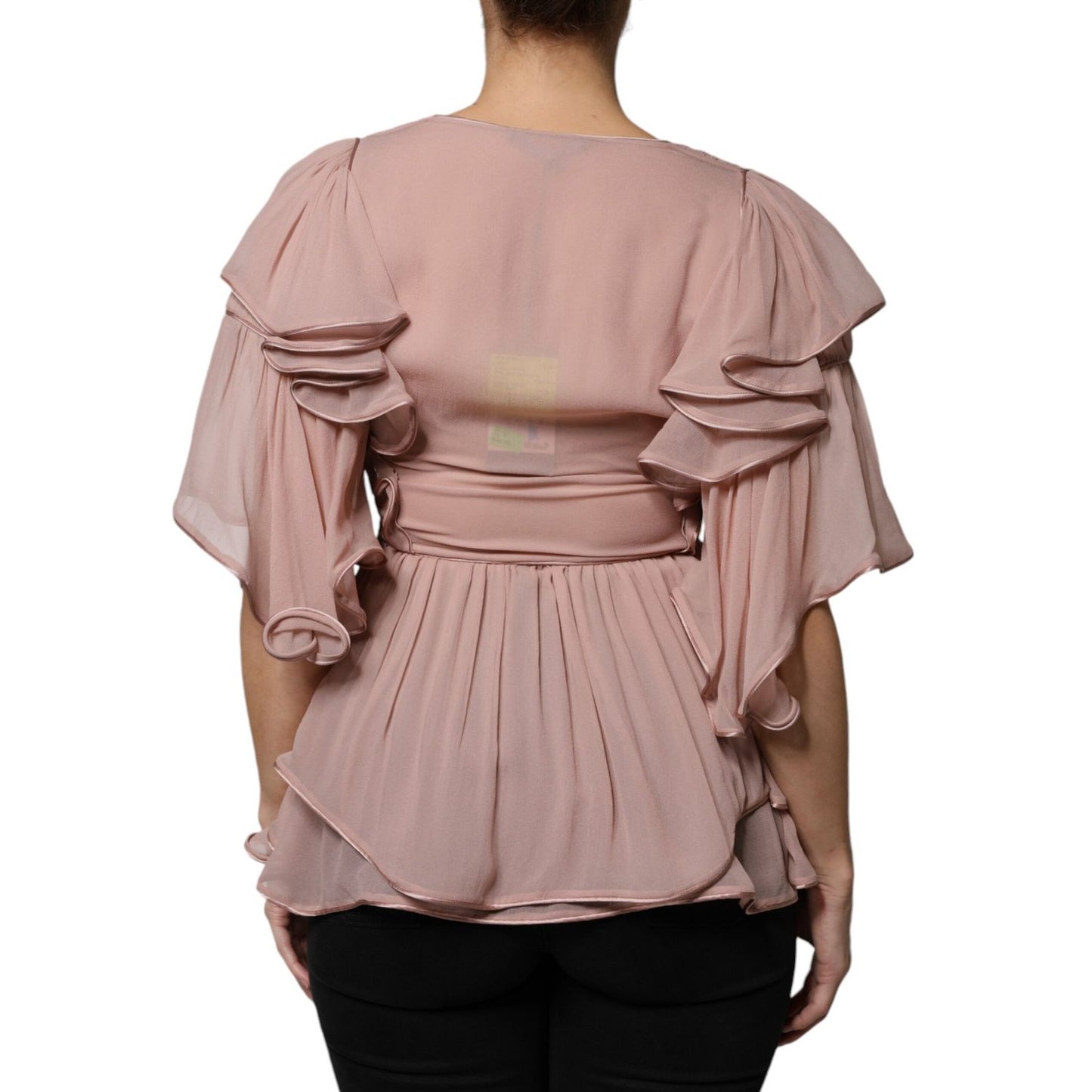Alberta Ferretti Brown Silk Short Sleeves V-neck Pleated Top TSH86782-40