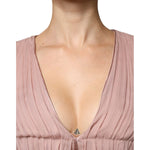 Alberta Ferretti Brown Silk Short Sleeves V-neck Pleated Top TSH86782-40