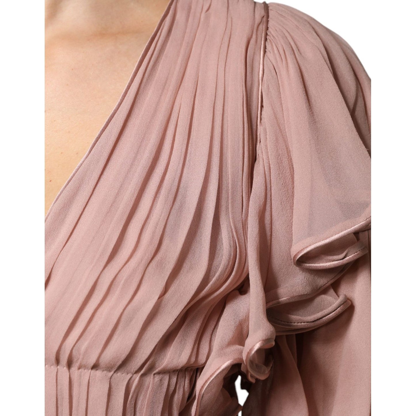 Alberta Ferretti Brown Silk Short Sleeves V-neck Pleated Top TSH86782-40