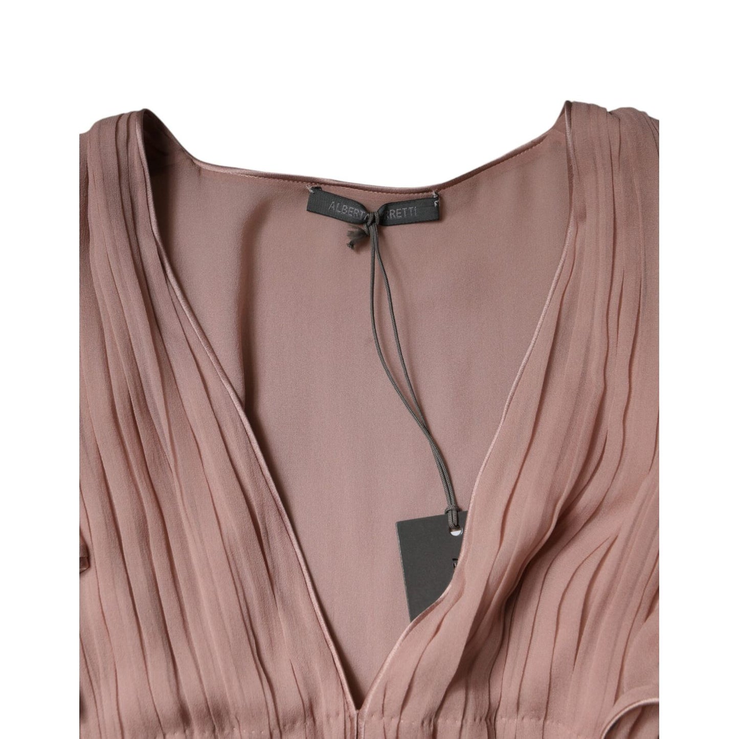 Alberta Ferretti Brown Silk Short Sleeves V-neck Pleated Top TSH86782-40