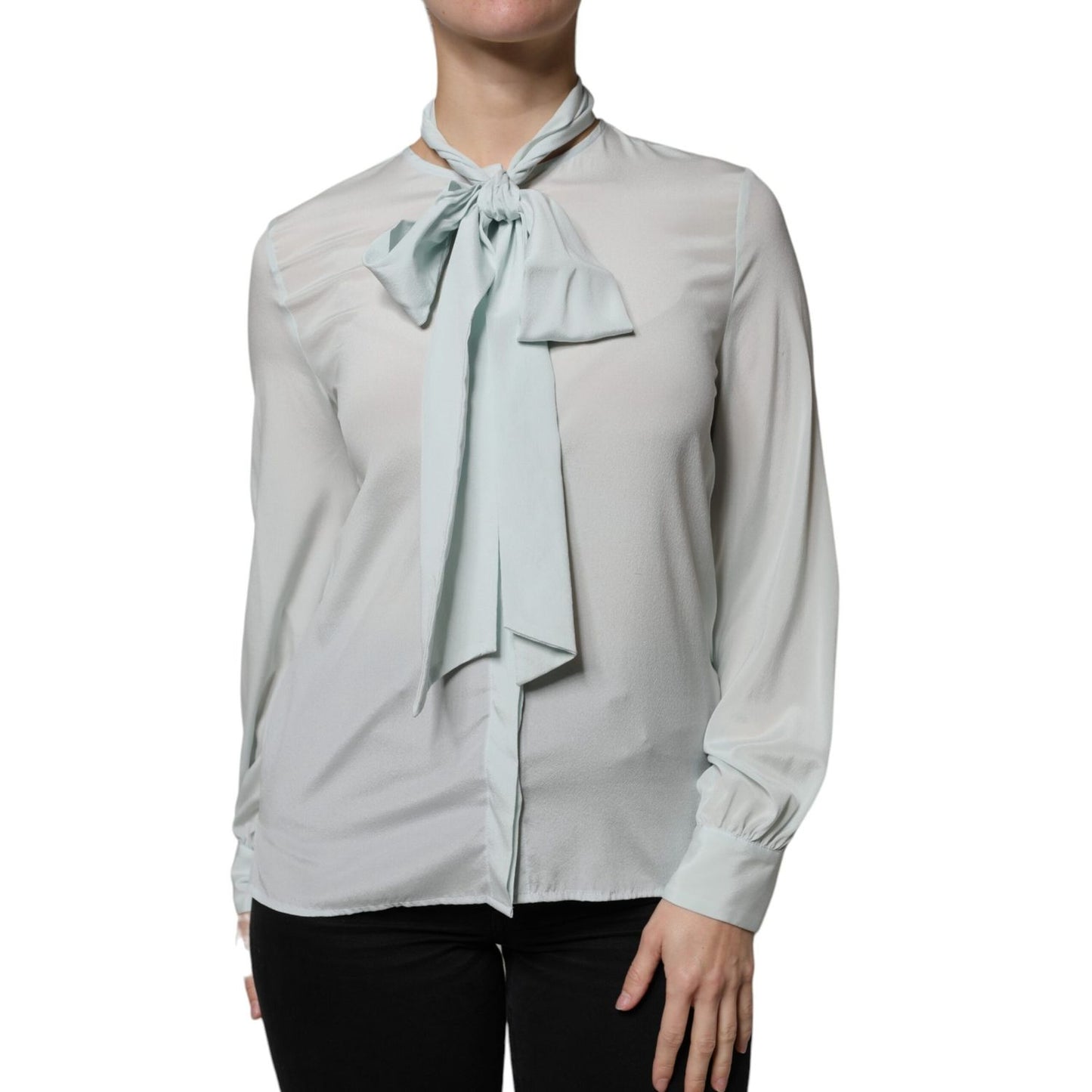 Ballantyne Light Blue Silk Ascot Collared Long Sleeves Top TSH86786-40