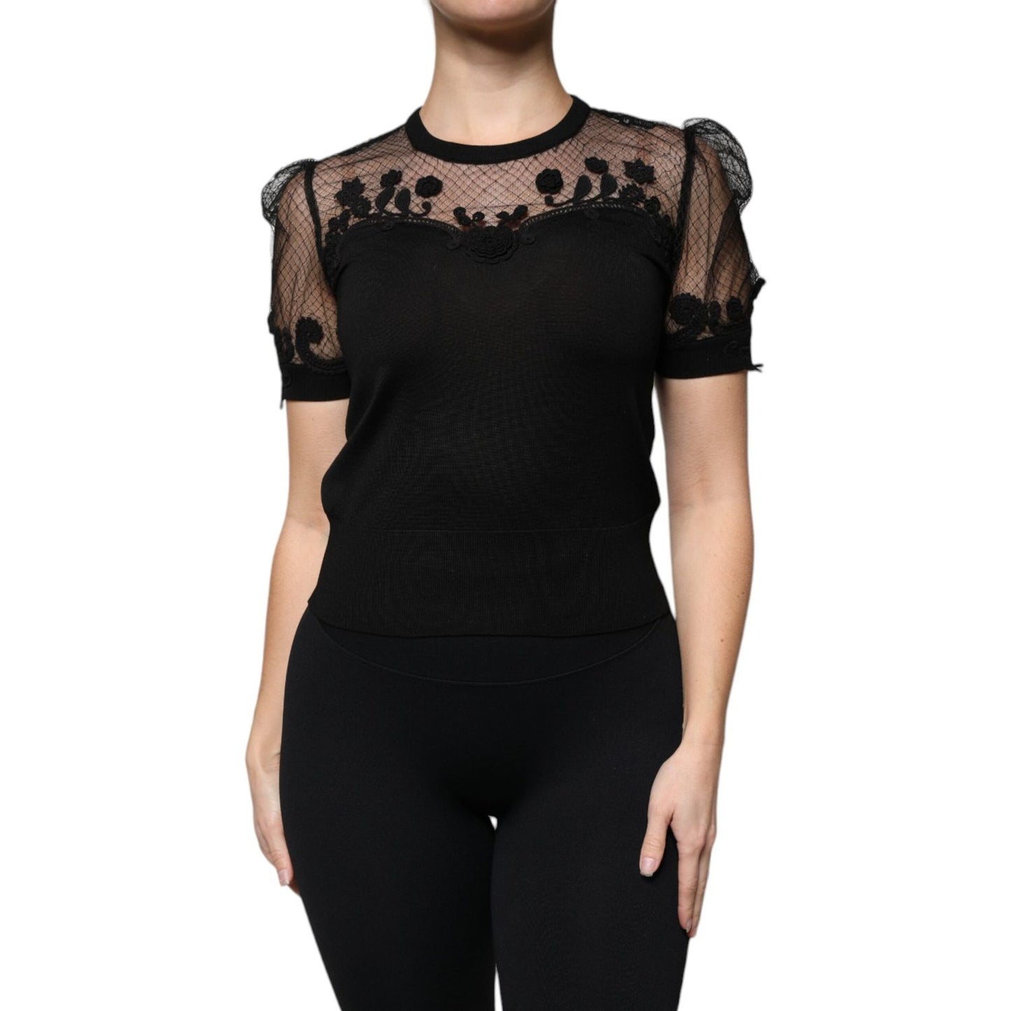 Dolce & Gabbana Black Floral Lace Short Sleeves Blouse Top