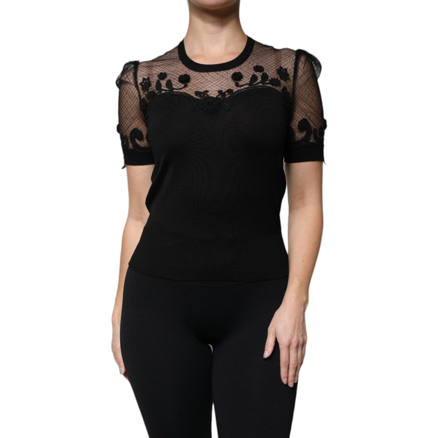 Dolce & Gabbana Black Floral Lace Short Sleeves Blouse Top TSH87028-40