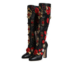 Dolce & Gabbana Black Roses Embellished Leather Heel Boots Shoes