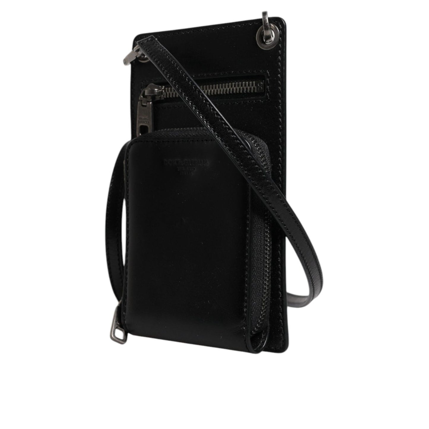 Dolce & Gabbana Black Horse Leather Zip Logo Shoulder Neck Strap Wallet BAG4210