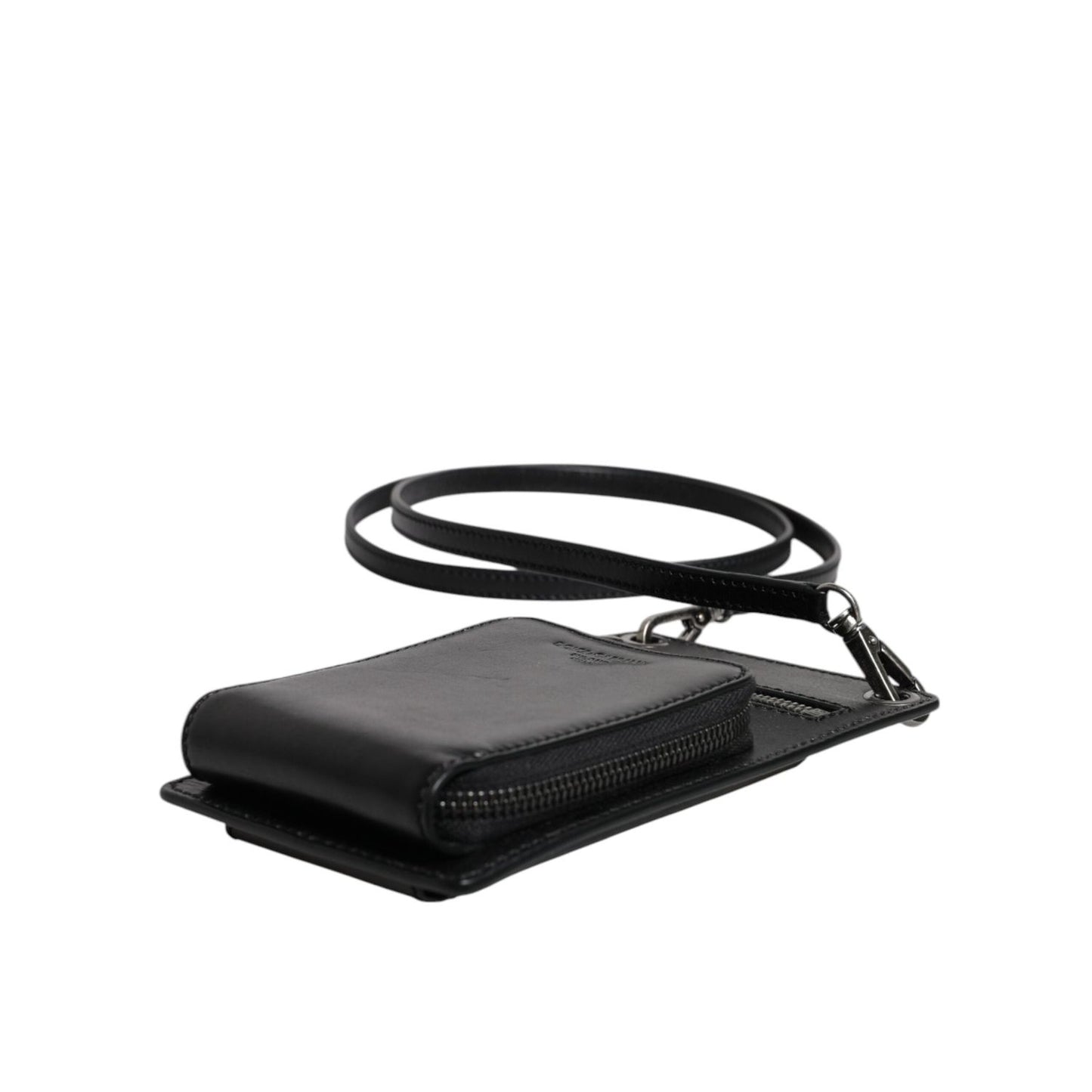 Dolce & Gabbana Black Horse Leather Zip Logo Shoulder Neck Strap Wallet BAG4210