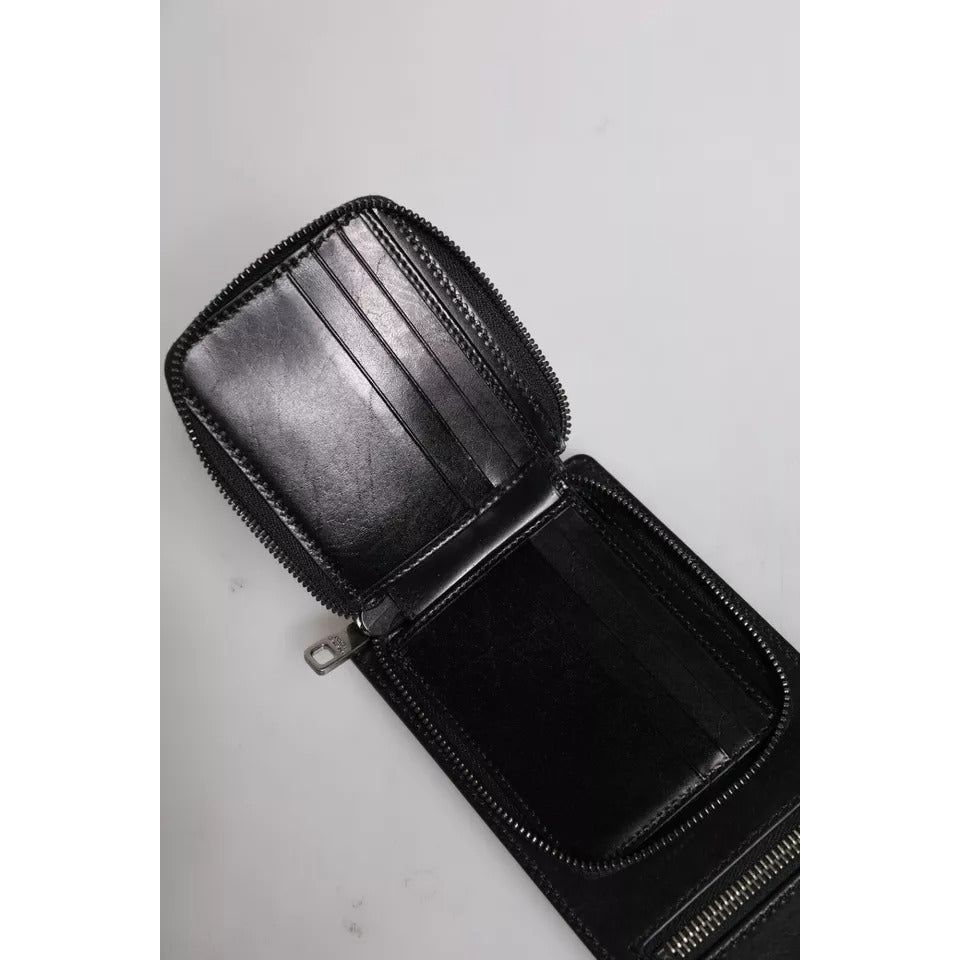 Dolce & Gabbana Black Horse Leather Zip Logo Shoulder Neck Strap Wallet BAG4210