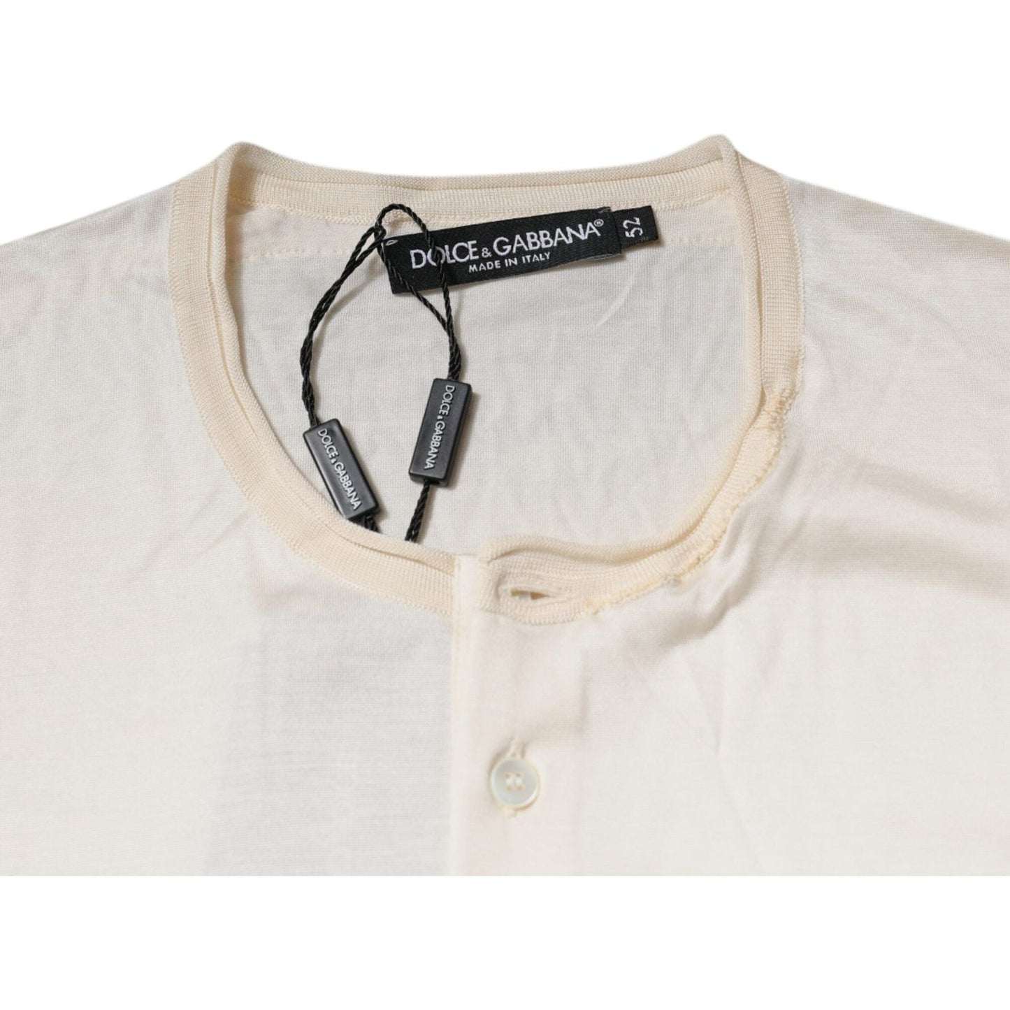 Dolce & Gabbana Off White Silk Crew Neck Henley T-shirt