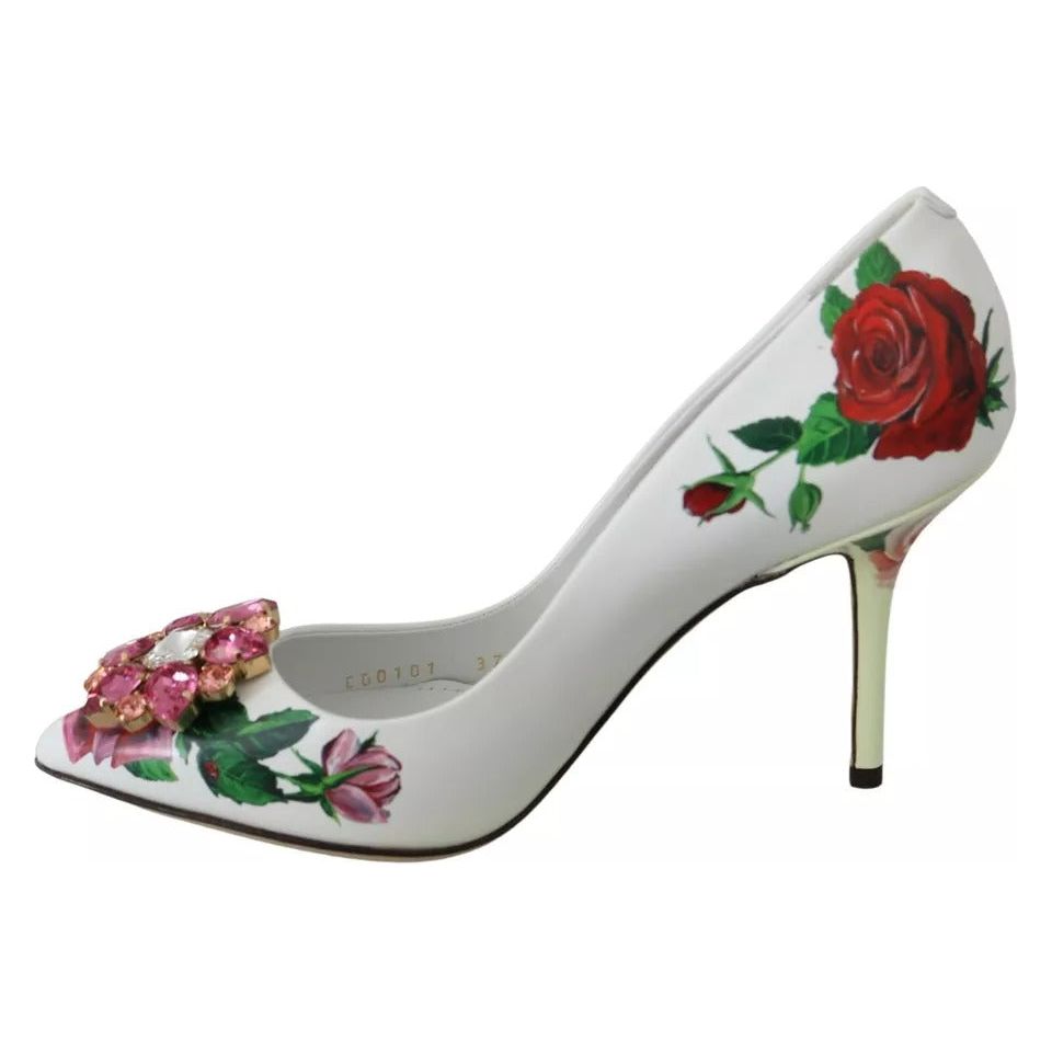 Dolce & Gabbana White Leather Roses Crystal Pumps Shoes