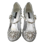 Dolce & Gabbana Silver Crystal Studs Heels Mary Janes Pumps Shoes LA7782-39