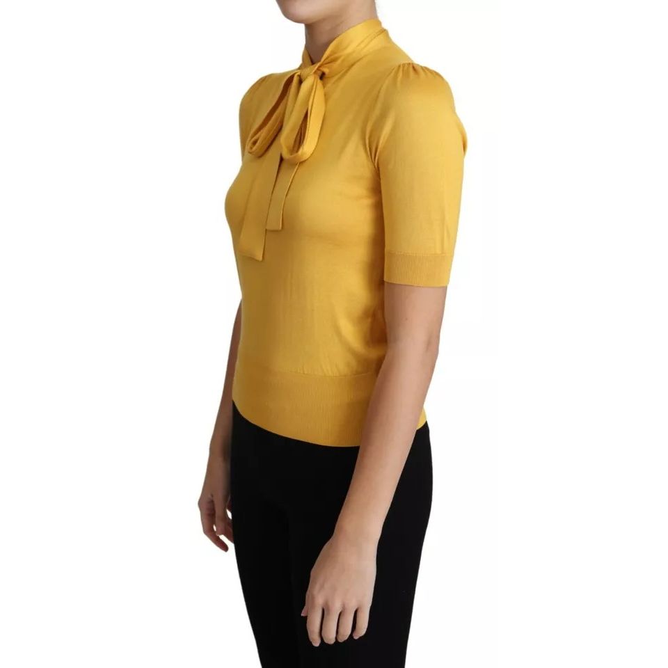 Dolce & Gabbana Yellow Silk Knit Pullover Ascot Collar Top TSH5713-38
