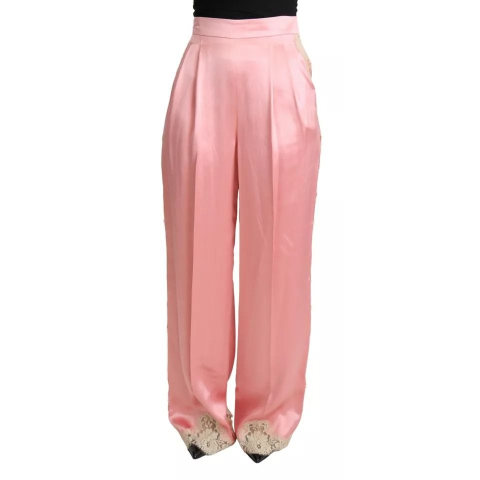Dolce & Gabbana Pink Lace Trimmed Silk Satin Wide Legs Pants PAN71898-42