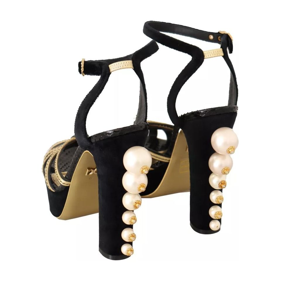 Dolce & Gabbana Black Gold Bianca Faux Pearl Sandals LA9840-38