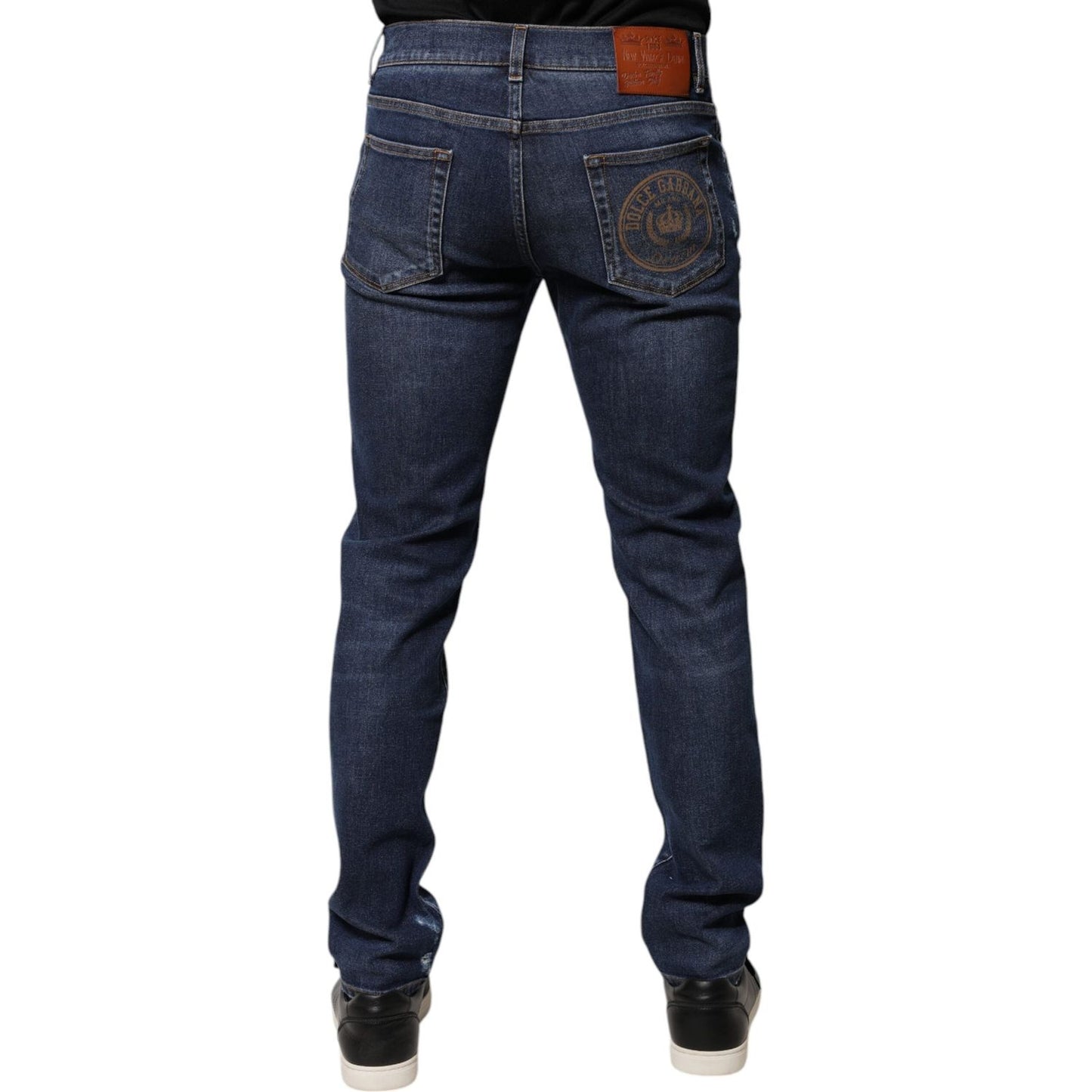 Dolce & Gabbana Blue Cotton Logo Print Slim Fit Denim Jeans