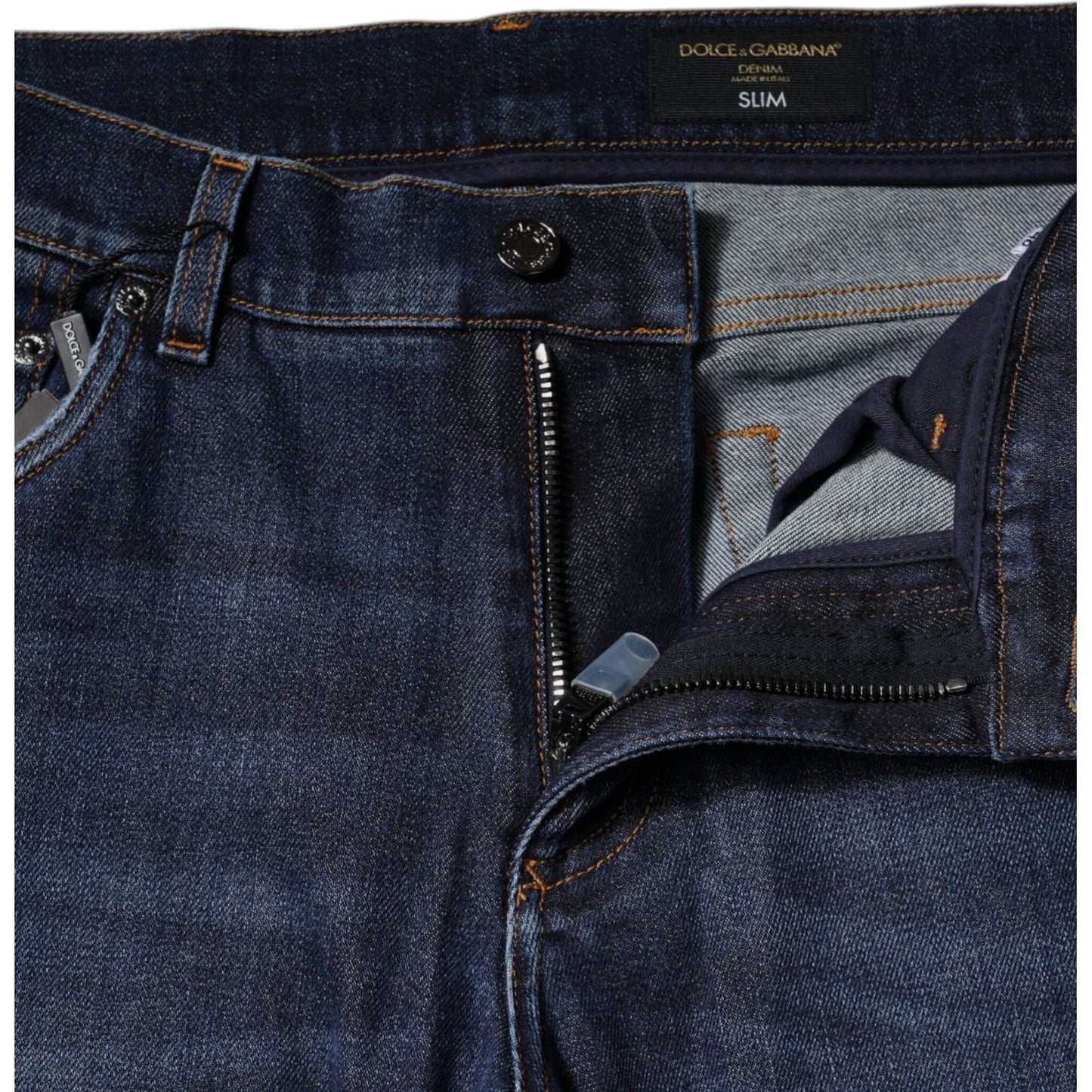 Dolce & Gabbana Blue Cotton Logo Print Slim Fit Denim Jeans