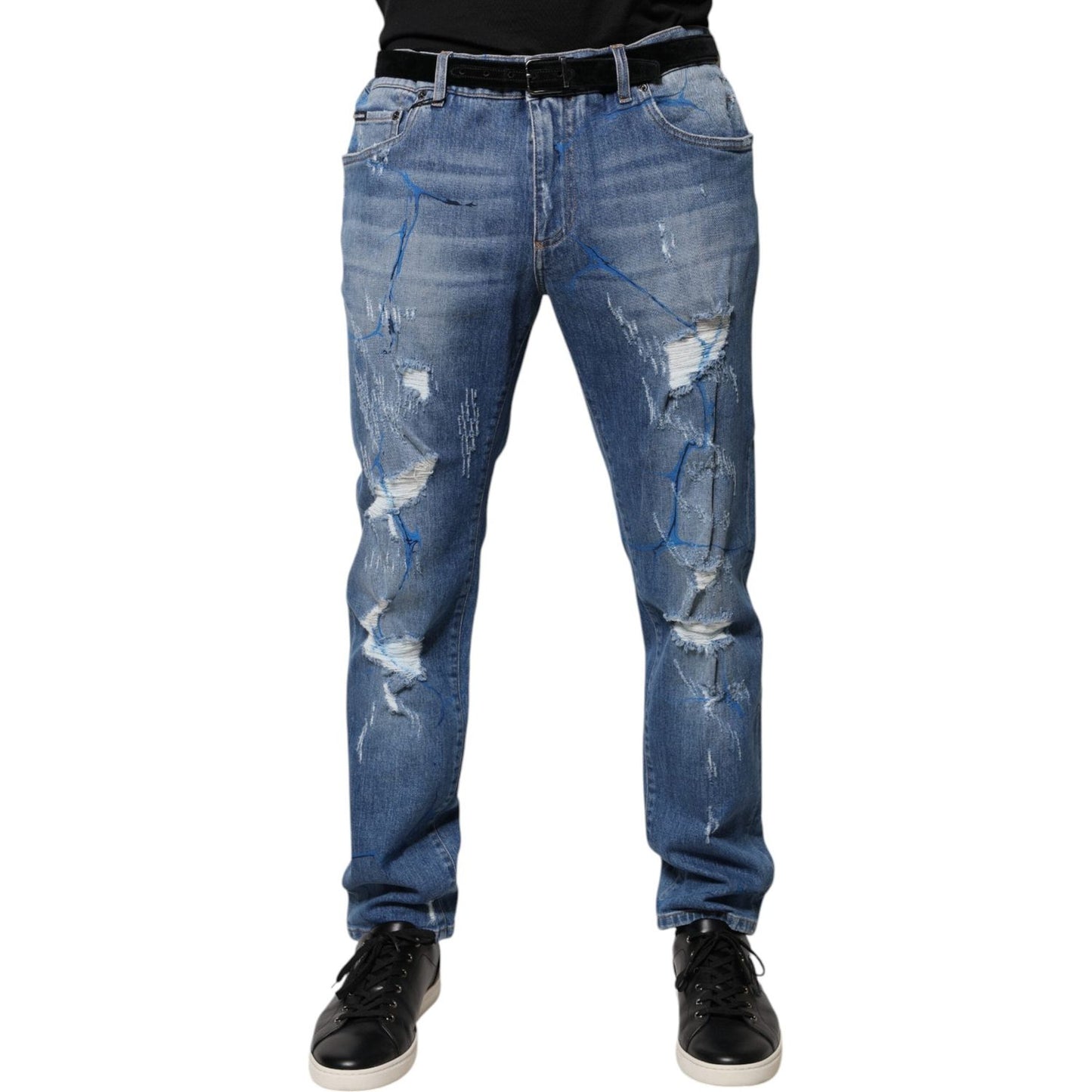 Dolce & Gabbana Blue Cotton Stretch Tattered Skinny Denim Jeans