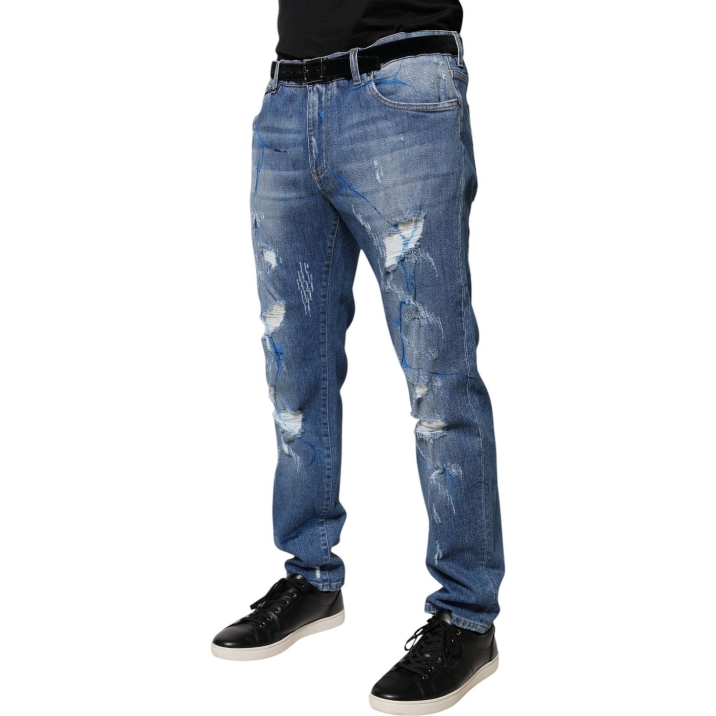 Dolce & Gabbana Blue Cotton Stretch Tattered Skinny Denim Jeans