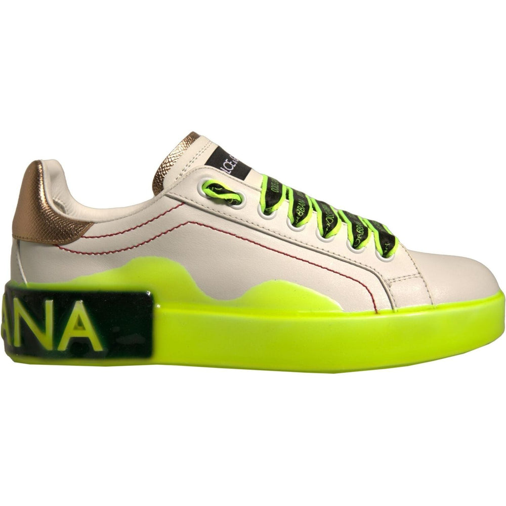 Dolce & Gabbana White Yellow Portofino Leather Sneakers Shoes