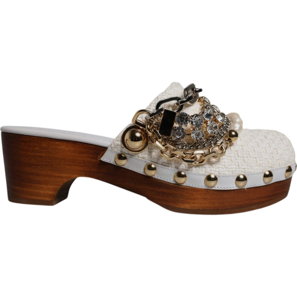 Dolce & Gabbana White Raffia Clogs Bejeweled Chain Sandals Shoes