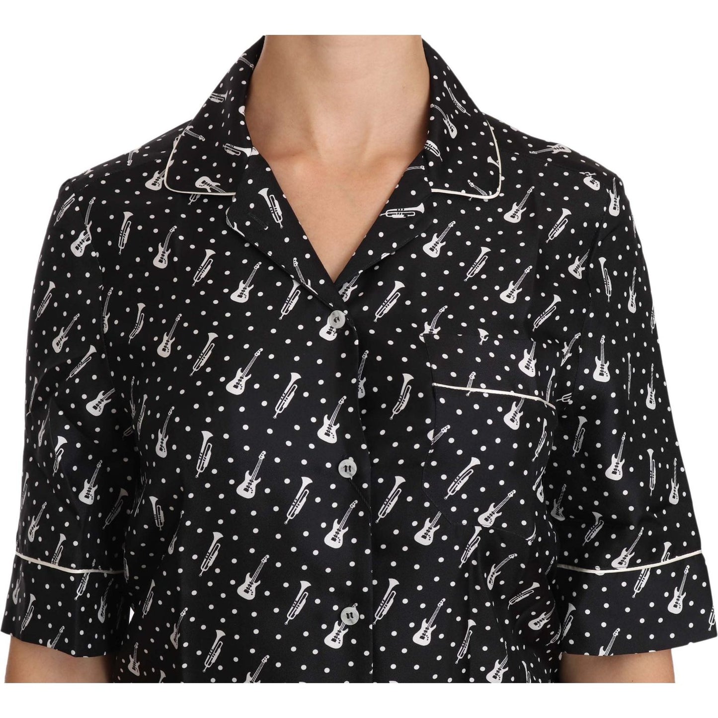 Dolce & Gabbana Black GuitarTrumpet Print Silk Shirt Top TSH3181-42