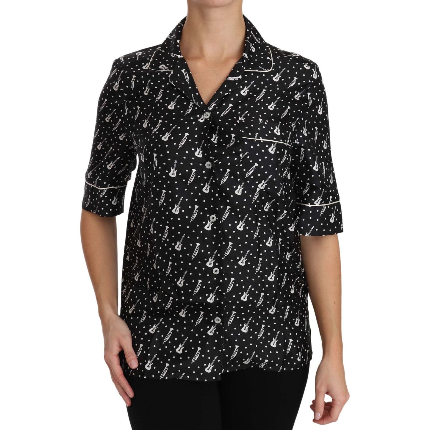Dolce & Gabbana Black GuitarTrumpet Print Silk Shirt Top TSH3181-42