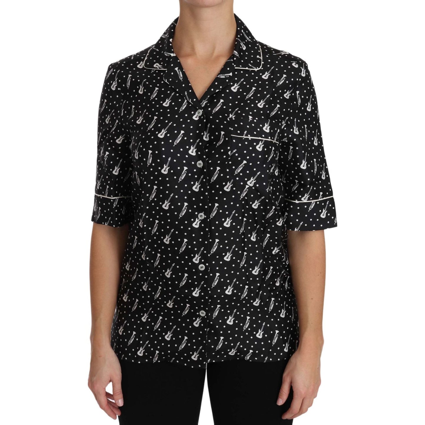 Dolce & Gabbana Black GuitarTrumpet Print Silk Shirt Top TSH3181-42