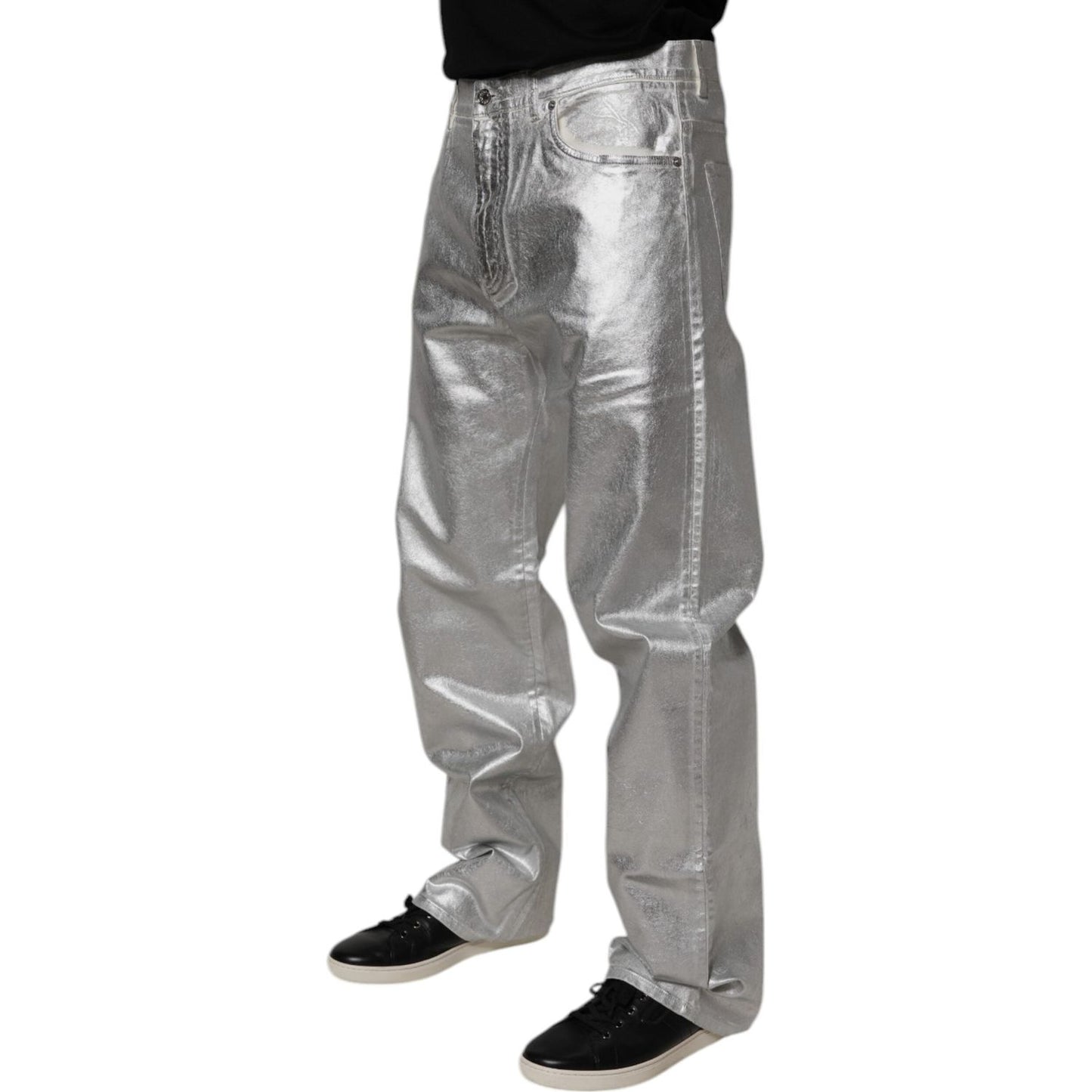 Dolce & Gabbana Metallic Silver Cotton Straight Denim Jeans