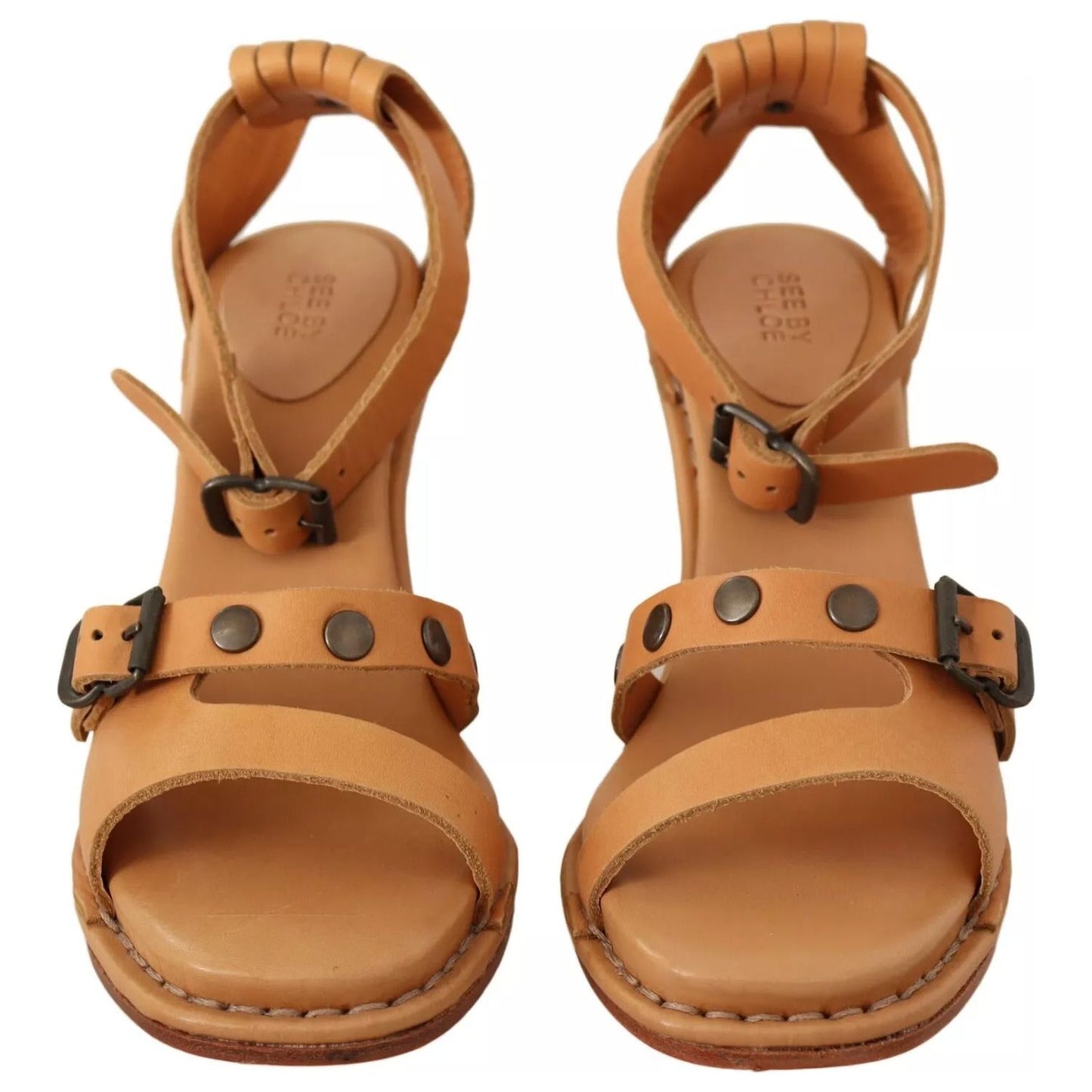 See By Chloé Brown Leather Studded Ankle Strap Sandals Shoes