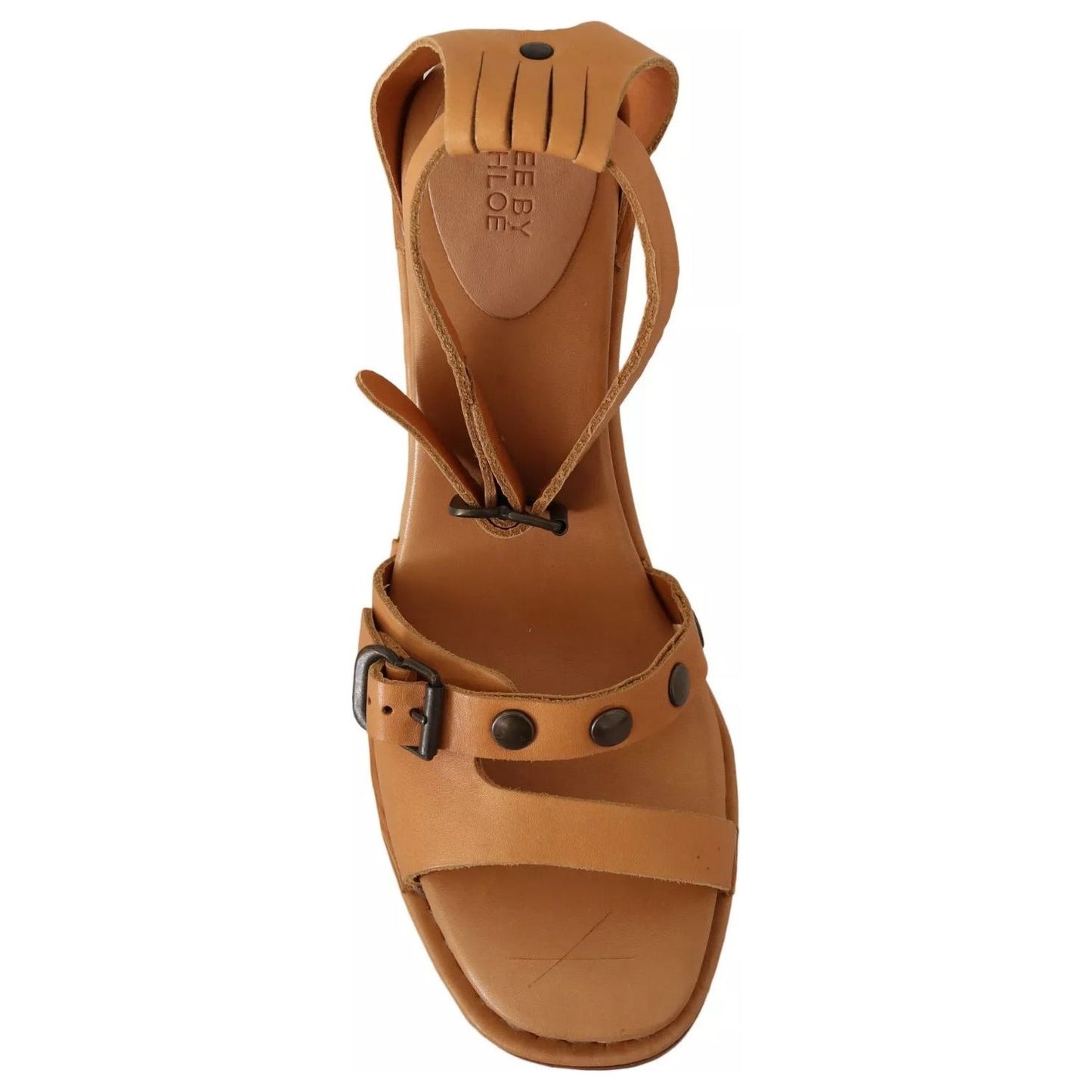 See By Chloé Brown Leather Studded Ankle Strap Sandals Shoes