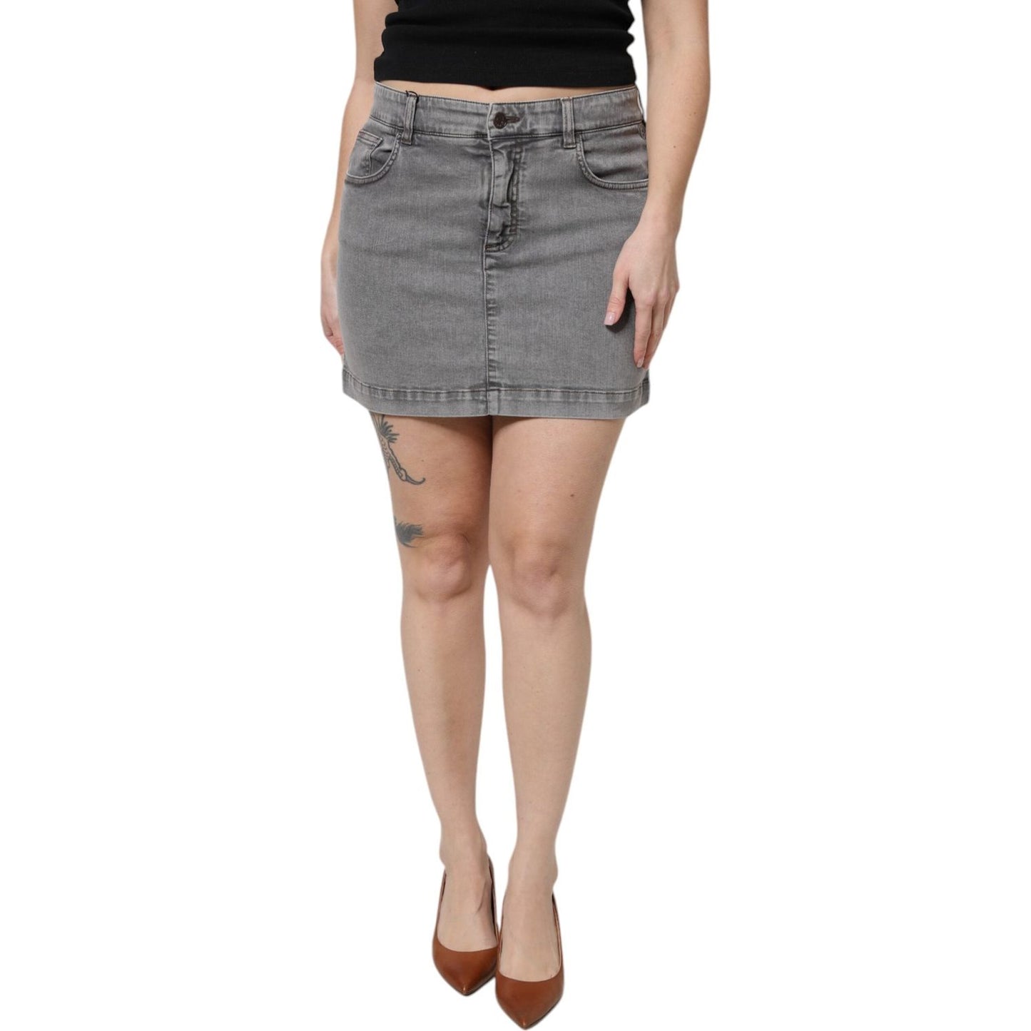 Dolce & Gabbana Gray Cotton Stretch Mid Waist Denim Mini Skirt
