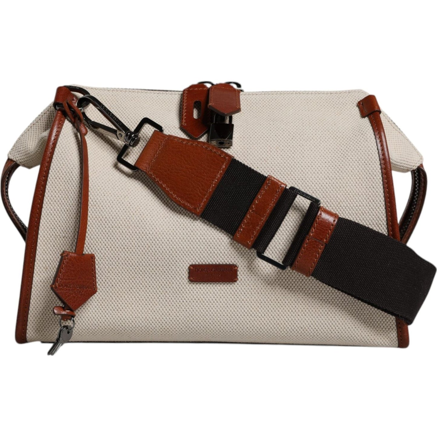 Dolce & Gabbana Beige Brown Cotton Leather Duffle Shoulder Bag