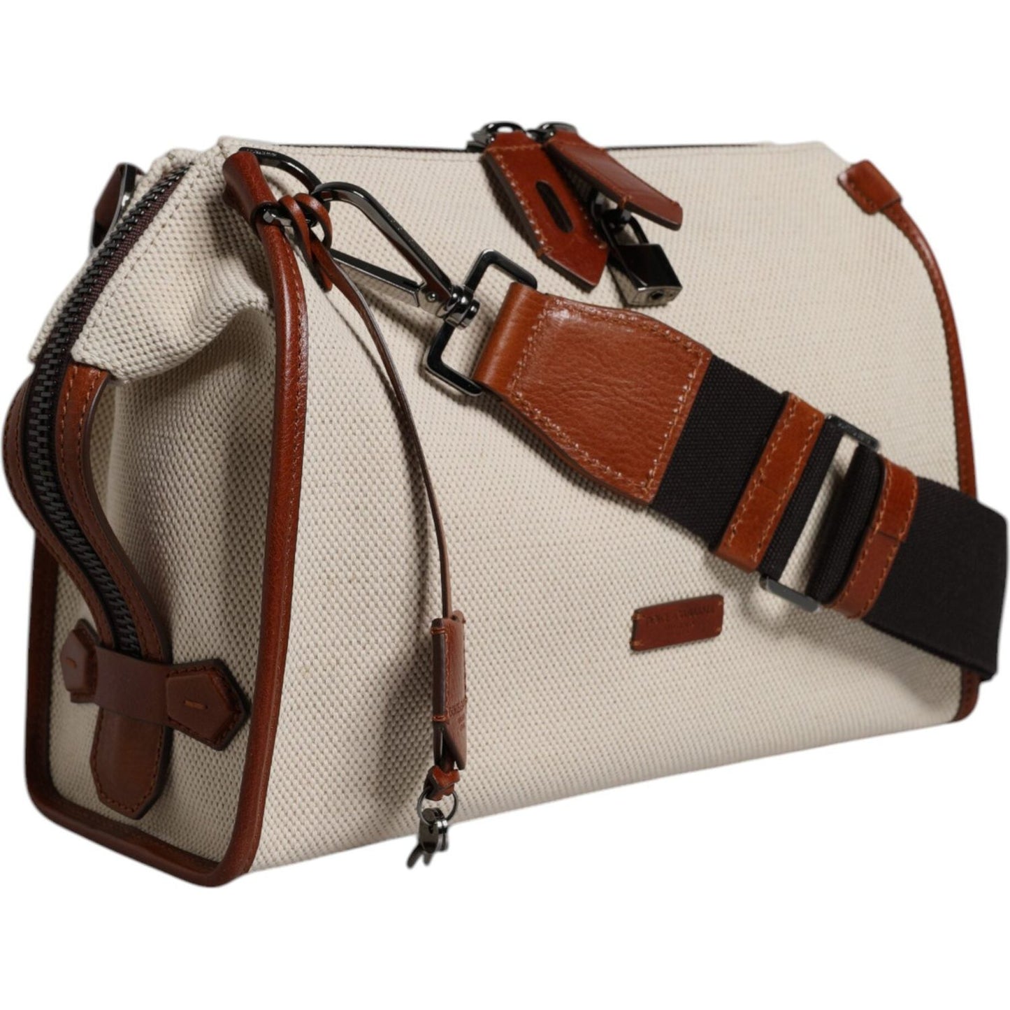 Dolce & Gabbana Beige Brown Cotton Leather Duffle Shoulder Bag