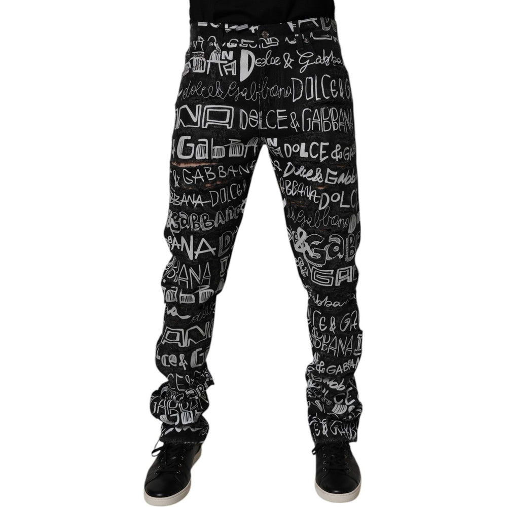 Dolce & Gabbana Black Cotton Logo Print Straight Denim Jeans