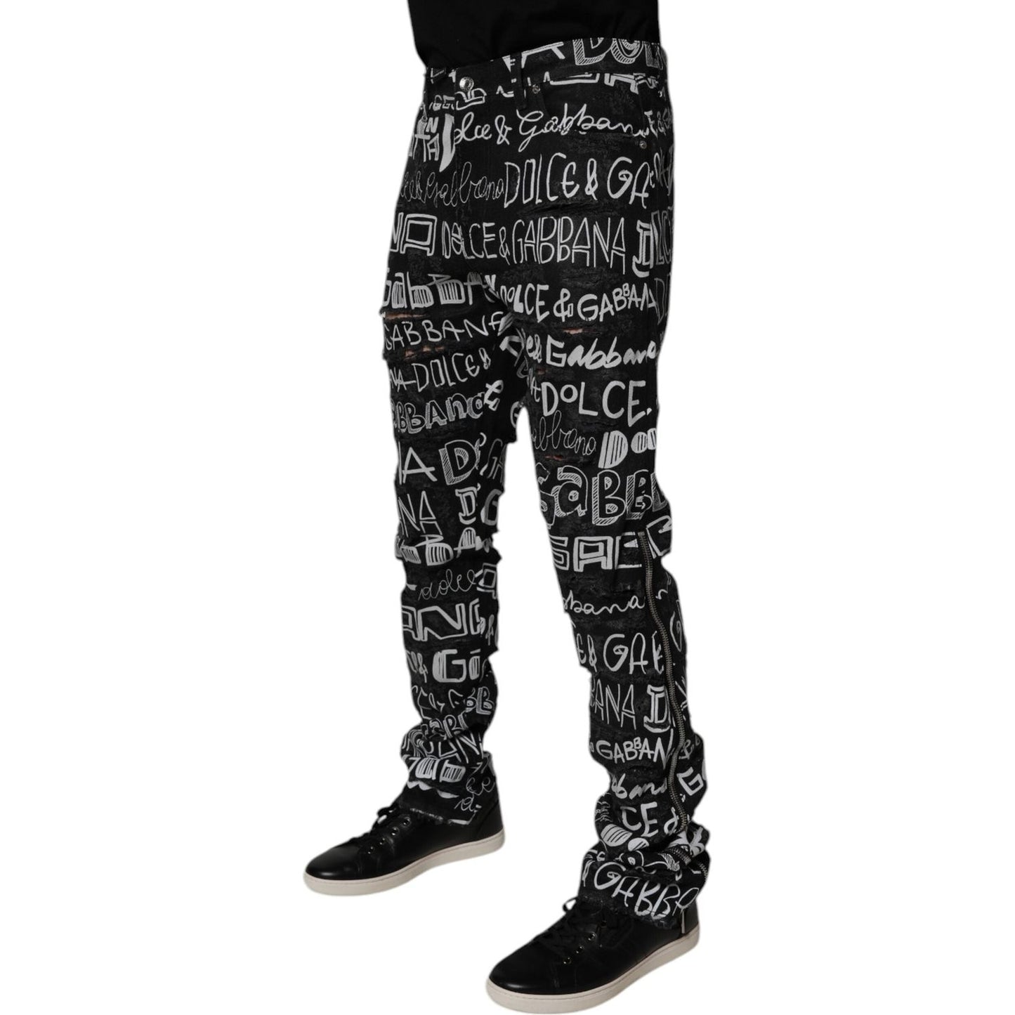 Dolce & Gabbana Black Cotton Logo Print Straight Denim Jeans