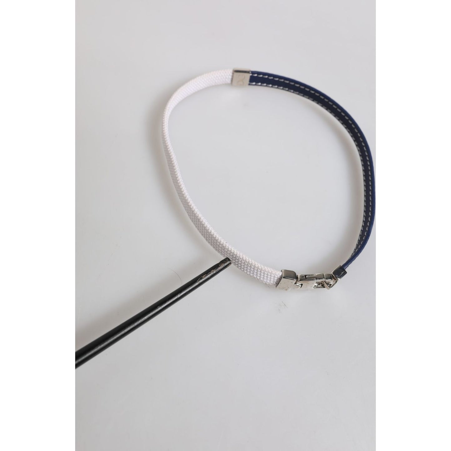 Dolce & Gabbana Blue White Leather Trimmed DG Engraved Silver Tone Clasp Bracelet SMY10689