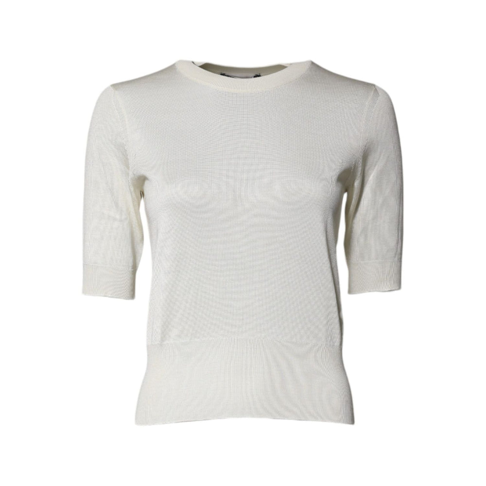 Dolce & Gabbana Cream Short Sleeve Silk Round Neck Blouse Top